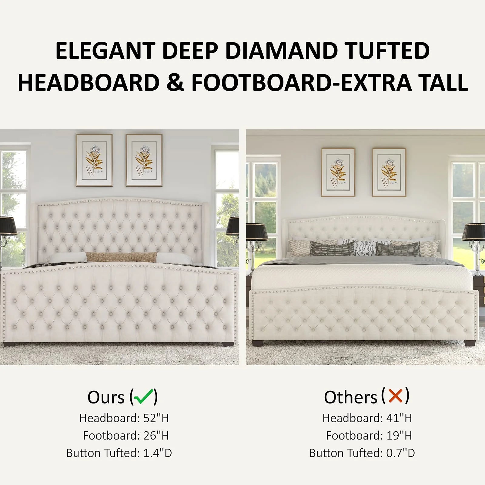 VANACC Queen Size Bed Frame. Velvet Upholstered Bed with Deep Button Tufted Wingback Headboard��Grey