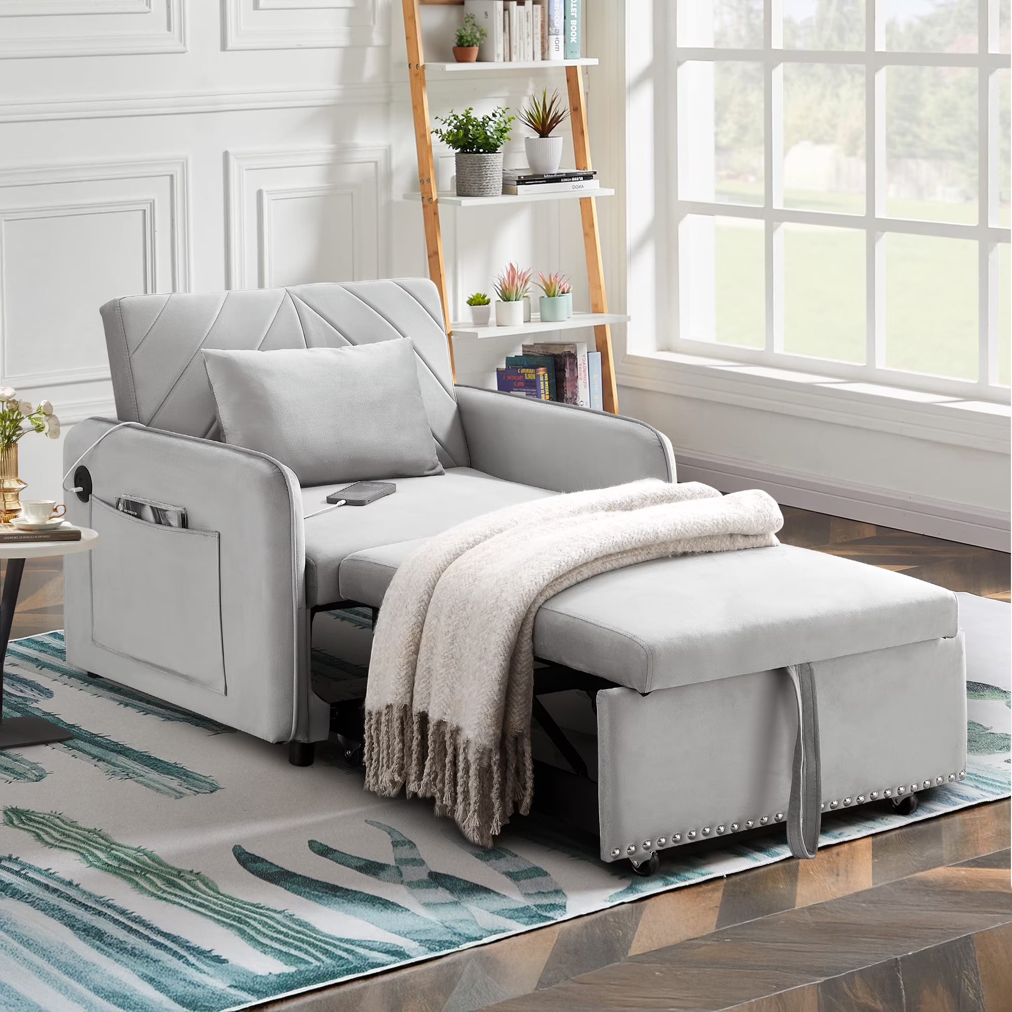 Lunale 3-in-1 Convertible Sleeper Chair Bed. Indoor Lounge Chair with USB/Type-C Charging Ports. Modern Recliner Sofa for Living Room. Gray Velvet