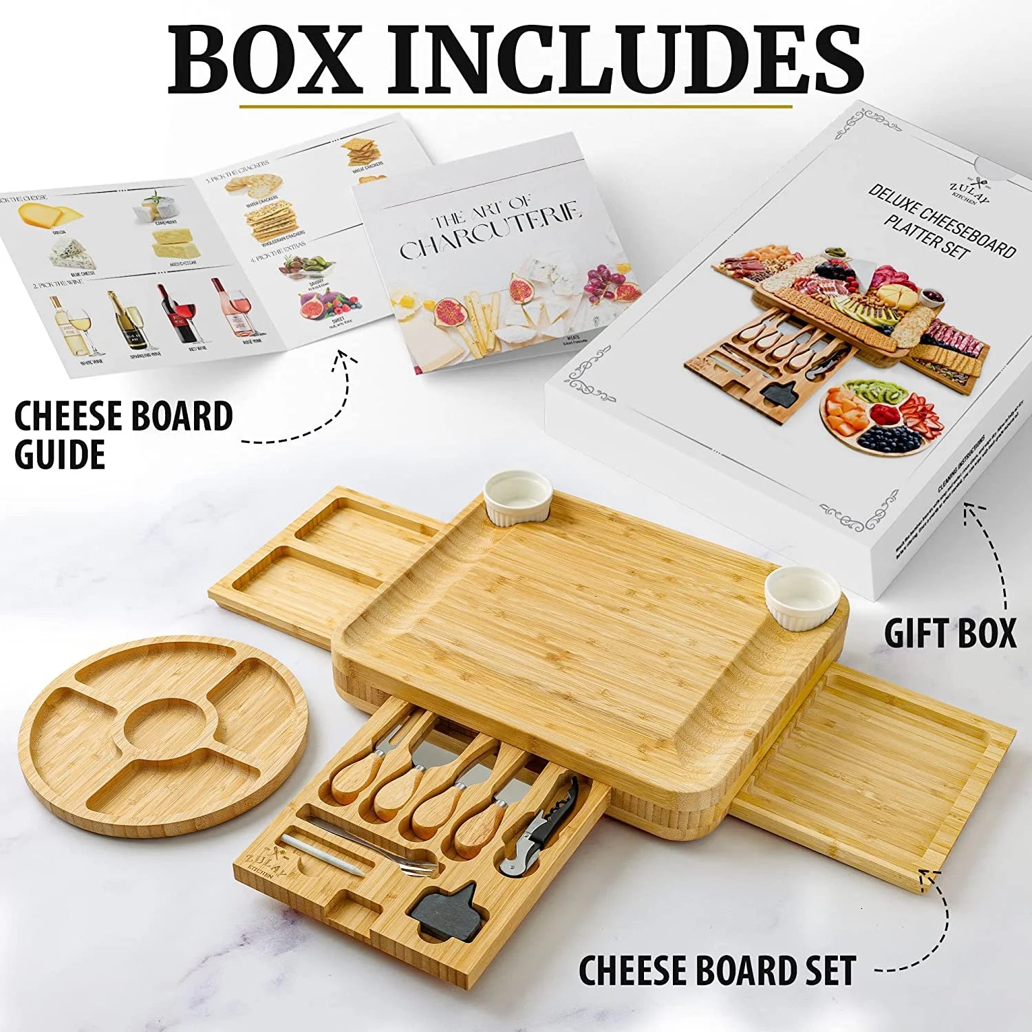 Zulay Kitchen Bamboo Cheese Board Set Extra Thick Charcuterie Board 15 Piece - Deluxe Set