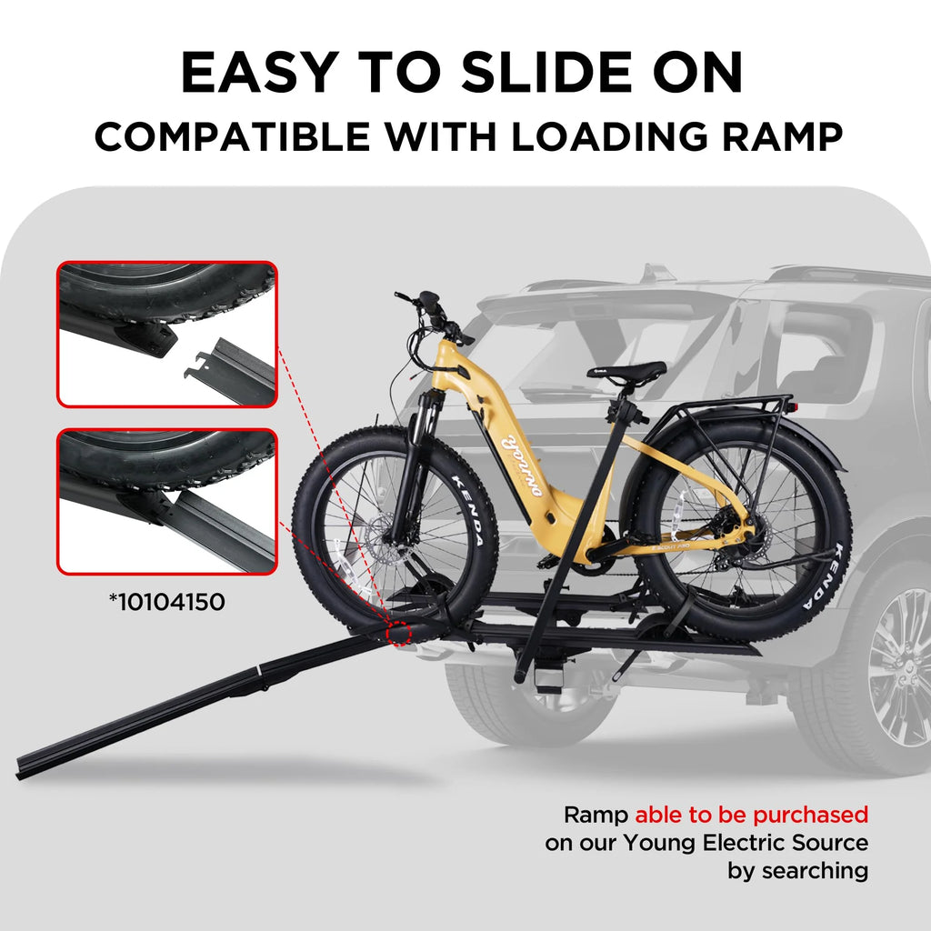 Young Electric Ebike Rack. 200lb Capacity. Alloy Steel Hitch Mount. Fits 5-Inch Fat Tire Bikes. 2-Inch Receiver