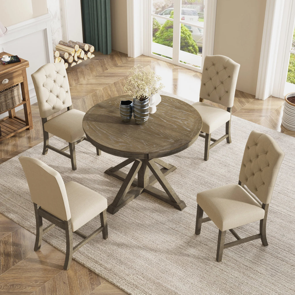 Besthome Farmhouse Extendable Round Kitchen Dining Room Table Set with Upholstered Chairs of 4. 5 Piece Round Dining Table Set with Extendable Table. Espresso