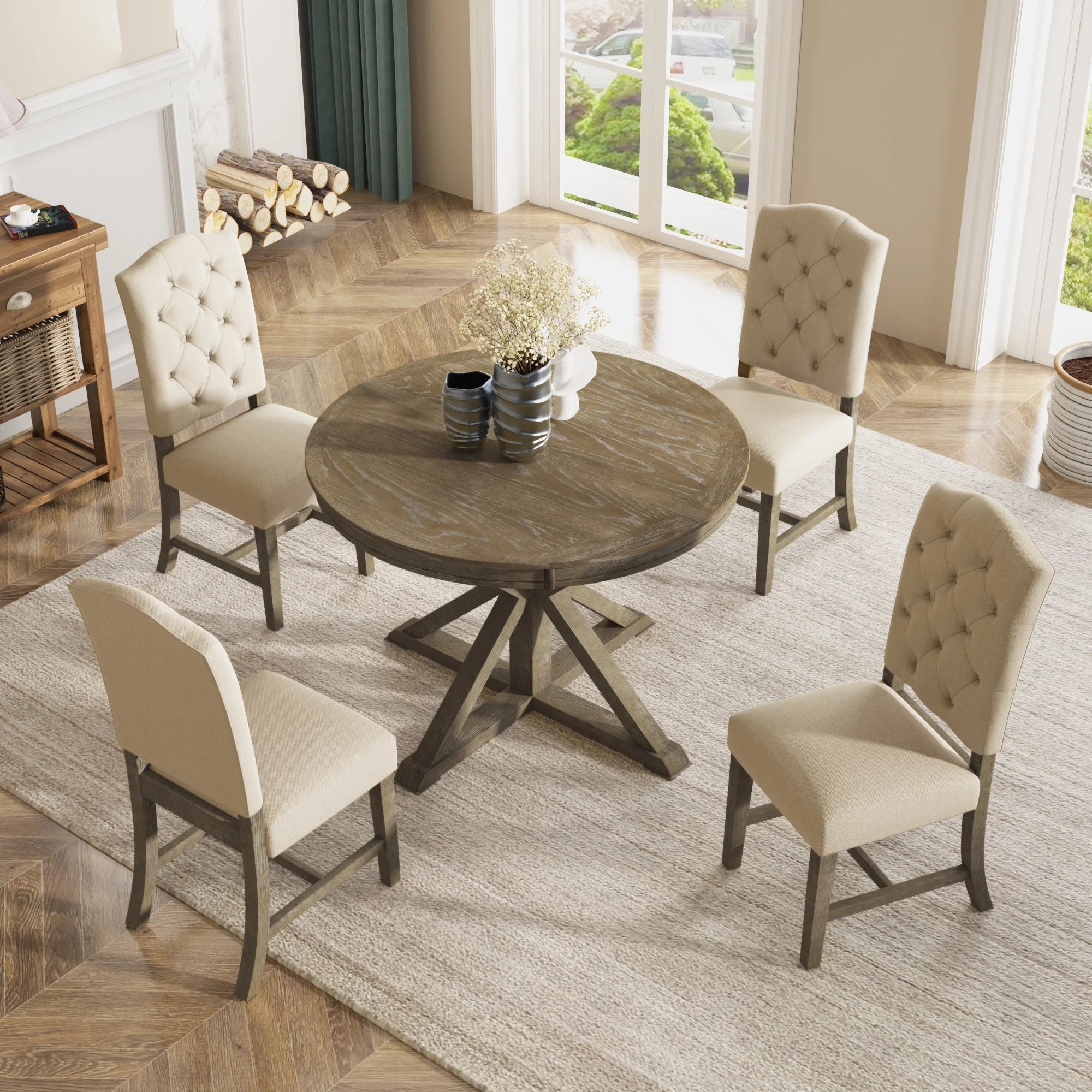 Besthome Farmhouse Extendable Round Kitchen Dining Room Table Set with Upholstered Chairs of 4. 5 Piece Round Dining Table Set with Extendable Table. Espresso