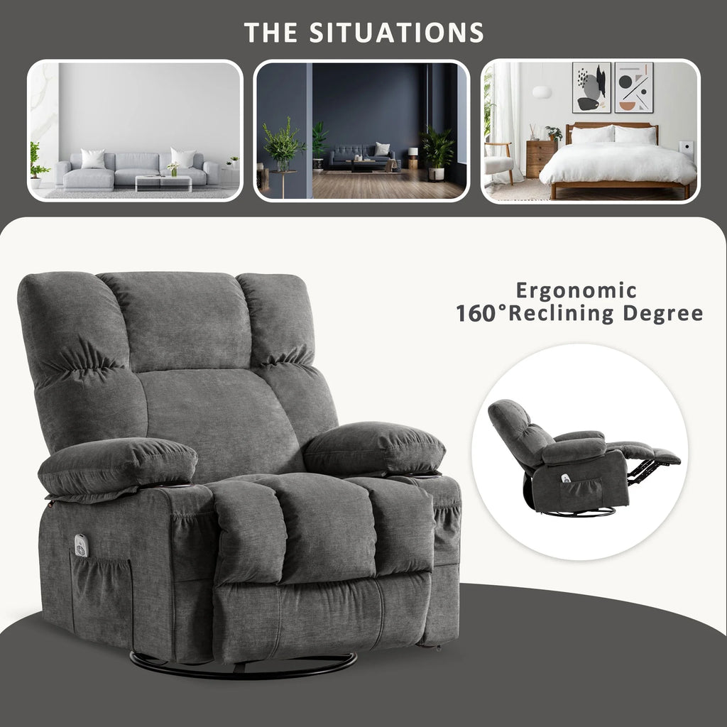 JONPONY Manual Recliner Chair with Heat Therapy and Massage Function. Heavy Duty Reclining Mechanism Massage Chair. Elderly Single Rocker Sofa with Cup Holders for Bedroom Home Theater.Grey