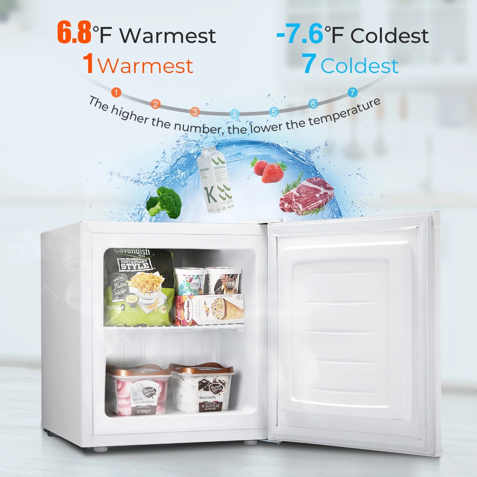 WAA Mini Freezer.1.1 Cu.ft Upright Freezer with Reversible Single Door.Removable Shelves.Small Freezer with Adjustable Thermostat for Home/Kitchen/Office (White)