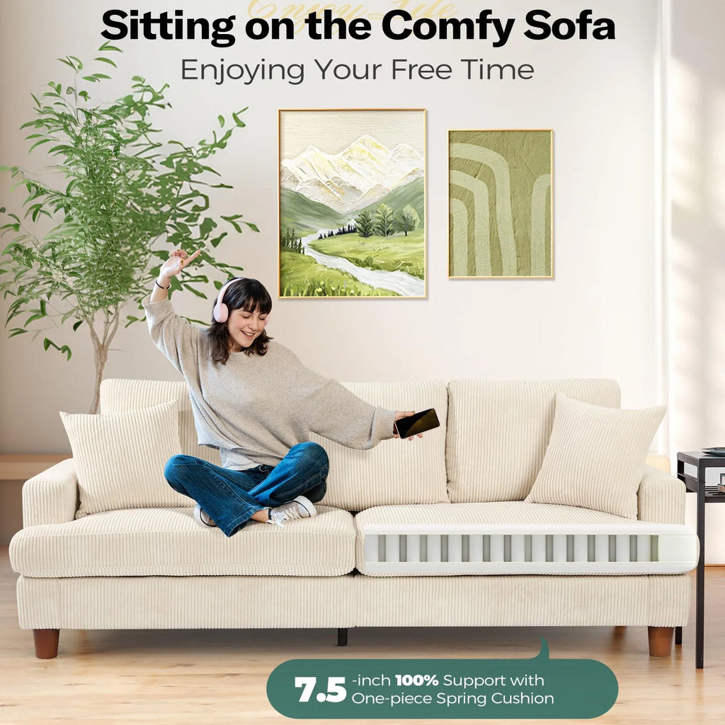 87 Corduroy Sofa.3 Seater Sofa with Extra Deep Seats.Neche Comfy Upholstered Couch for Living Room.2 Pillows.Green