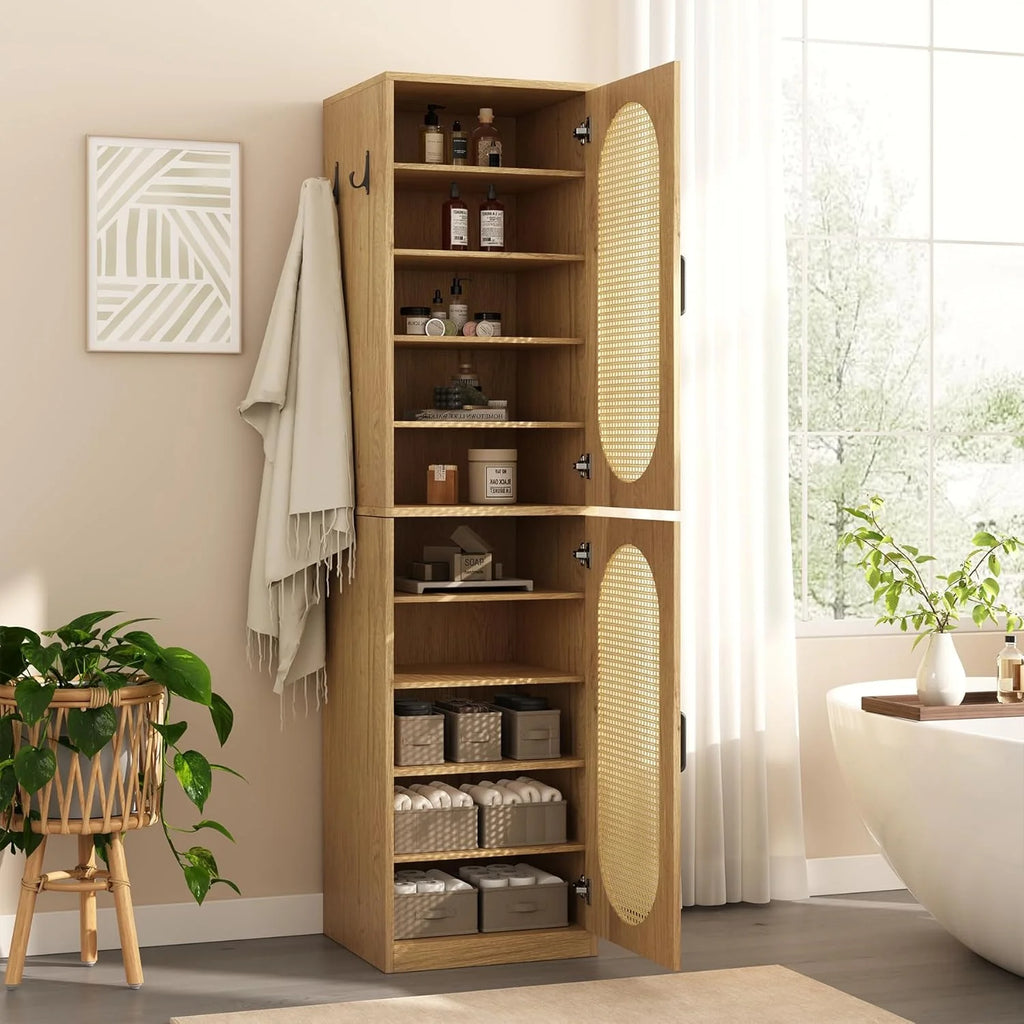 66-Inch Bathroom Storage Cabinet with Rattan Doors.  Bath Room Organizer Floor Cabinets Brown