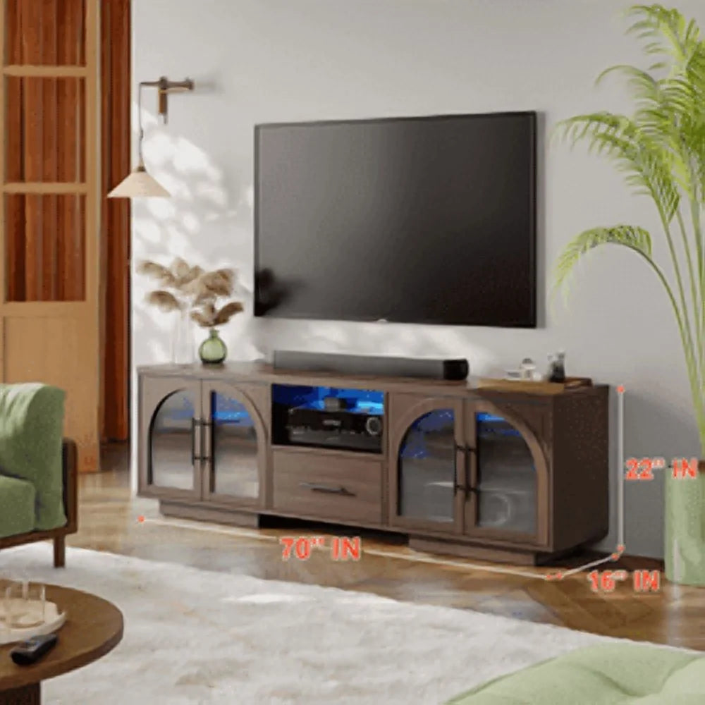TV Stand for 75 inch TV. LED TV Stand for Living Room.70 Entertainment Center with Arched Glass Doors. Faux Marble Wood Finish Top. Adjustable Shelves. and LED Lighting. Black