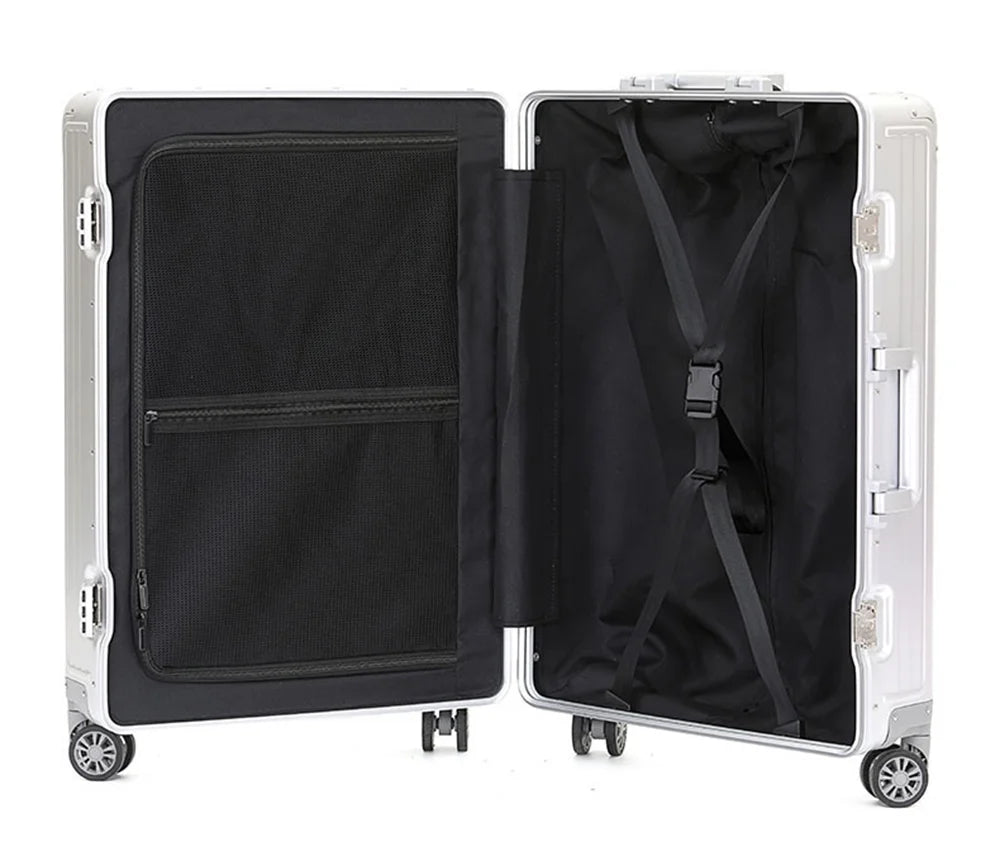 All Aluminum Magnesium Hardshell Carry on Luggage with Wheels. Modern Zipperless Hardshell Checked Luggage with TSA Lock. Airline Approved Metal Suitcase Travel Metal Rolling Luggage
