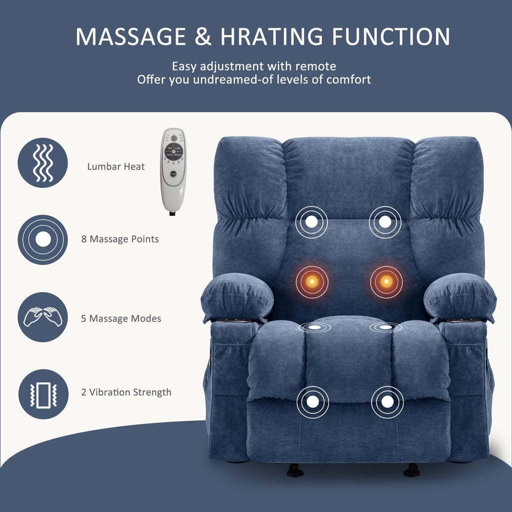 JONPONY Manual Recliner Chair with Heat Therapy and Massage Function. Heavy Duty Reclining Mechanism Massage Chair. Elderly Single Rocker Sofa with Cup Holders for Bedroom Home Theater.Grey