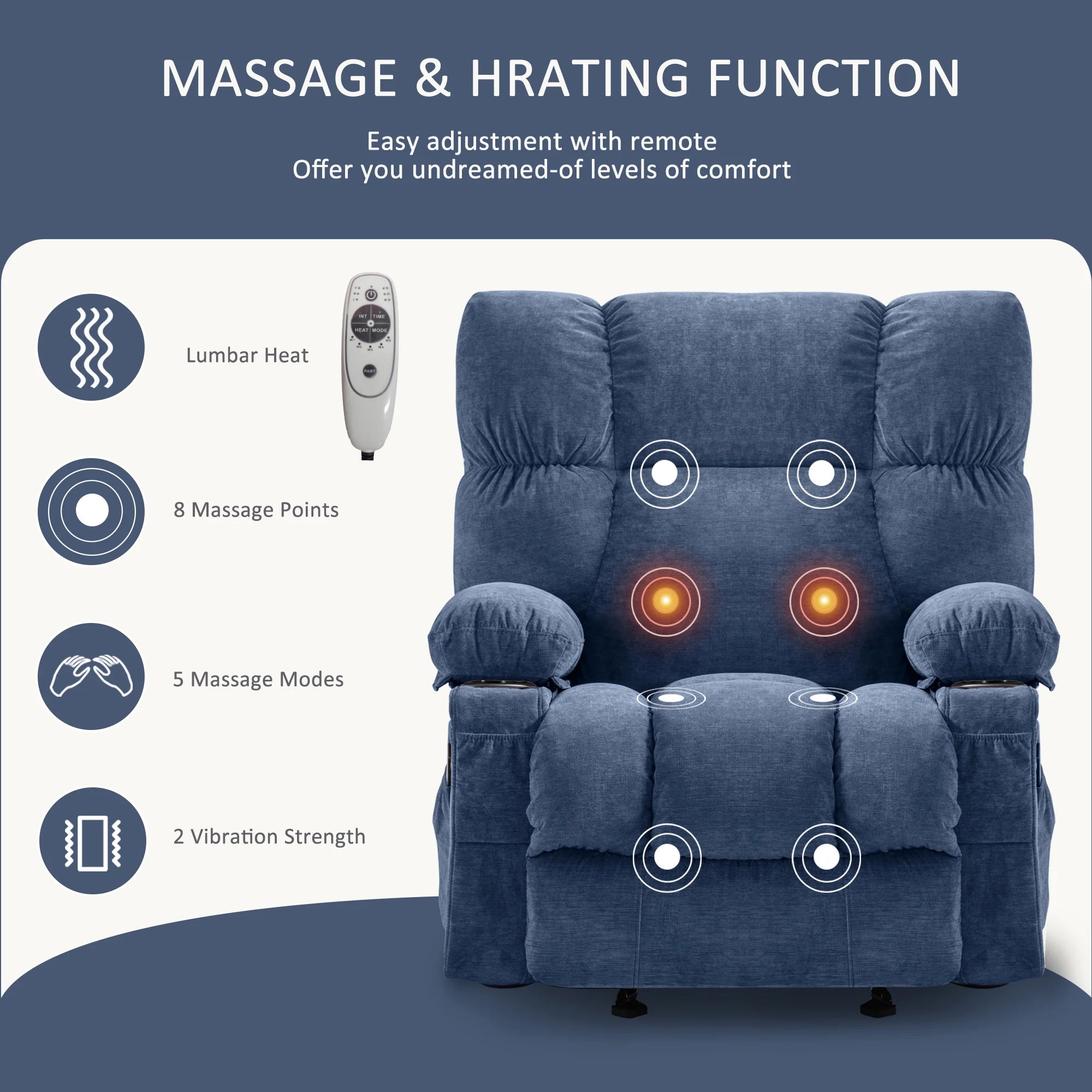 JONPONY Manual Recliner Chair with Heat Therapy and Massage Function. Heavy Duty Reclining Mechanism Massage Chair. Elderly Single Rocker Sofa with Cup Holders for Bedroom Home Theater.Grey