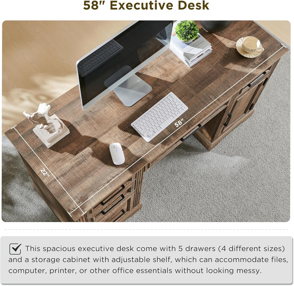 T4TREAM Farmhouse Wood 58 Executive Desk. Home Office 30 High Computer Desk with Drawers and Storage Cabinet. White