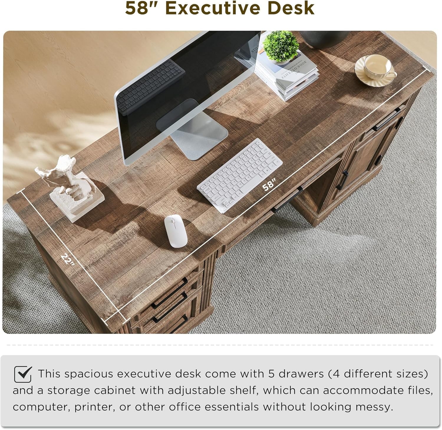 T4TREAM Farmhouse Wood 58 Executive Desk. Home Office 30 High Computer Desk with Drawers and Storage Cabinet. White