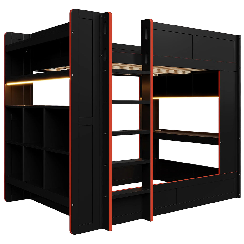 Euroco Wood Full Size Loft Bed with Desk and Shelves. Gaming Bunk Bed with LED Light and USB Charging. Black