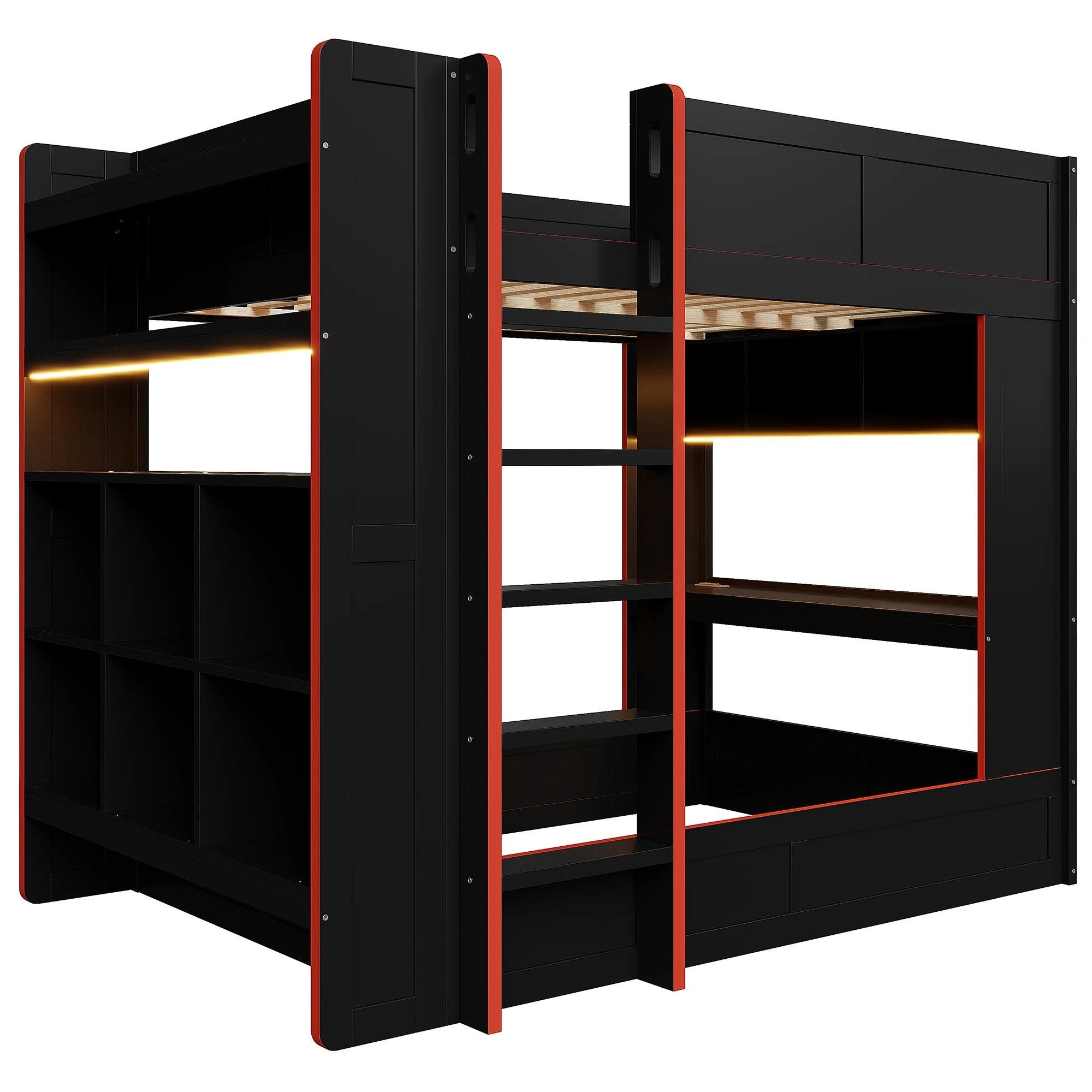 Euroco Wood Full Size Loft Bed with Desk and Shelves. Gaming Bunk Bed with LED Light and USB Charging. Black