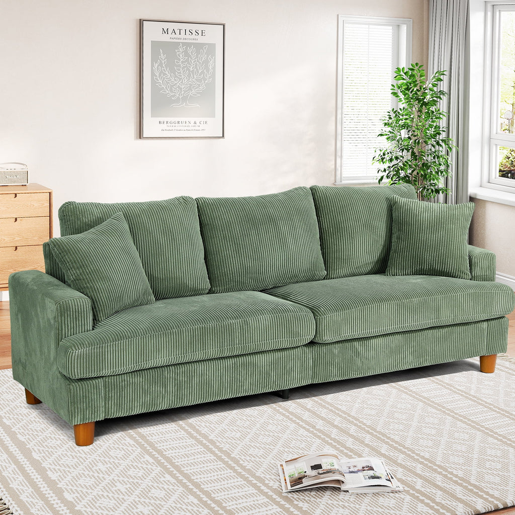 87 Corduroy Sofa.3 Seater Sofa with Extra Deep Seats.Neche Comfy Upholstered Couch for Living Room.2 Pillows.Green