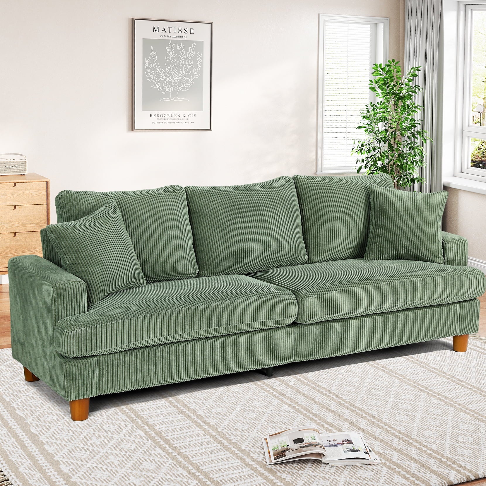 87 Corduroy Sofa.3 Seater Sofa with Extra Deep Seats.Neche Comfy Upholstered Couch for Living Room.2 Pillows.Green