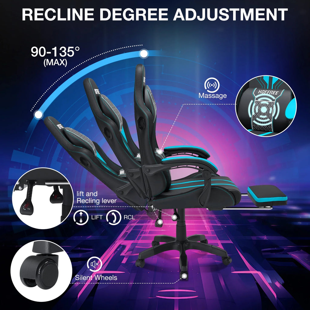 HOFFREE Big and Tall Gaming Chair with Speakers and RGB Lights. Gamer Chair with Footrest. Lumbar Support Height Adjustable 360-Swivel Seat and Headrest for Adults. 400lbs