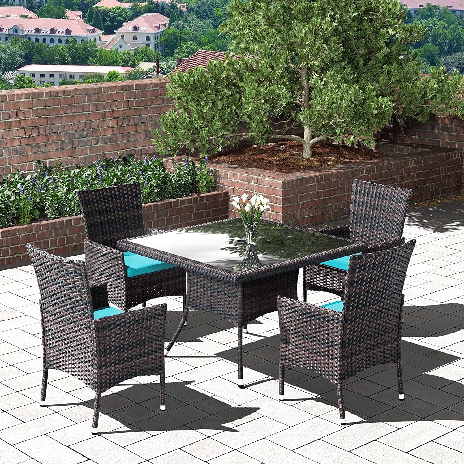 ALAULM 5 Pieces Patio Dining Set Outdoor Rattan Furniture with Square Glass Tabletop 4 Chairs with Cushions for Patio. Backyard Outdoor Kitchen Lawn & Garden Blue