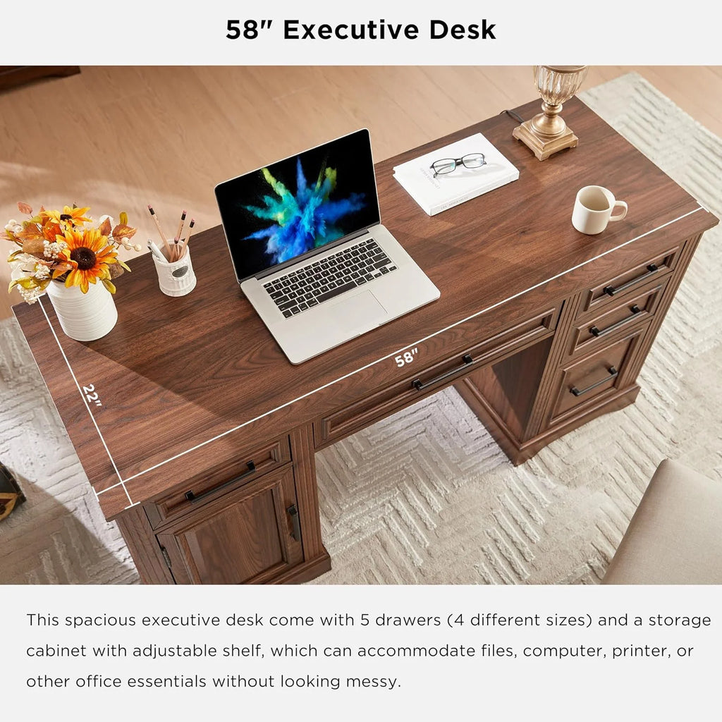 T4TREAM Farmhouse Wood 58 Executive Desk. Home Office 30 High Computer Desk with Drawers and Storage Cabinet. White