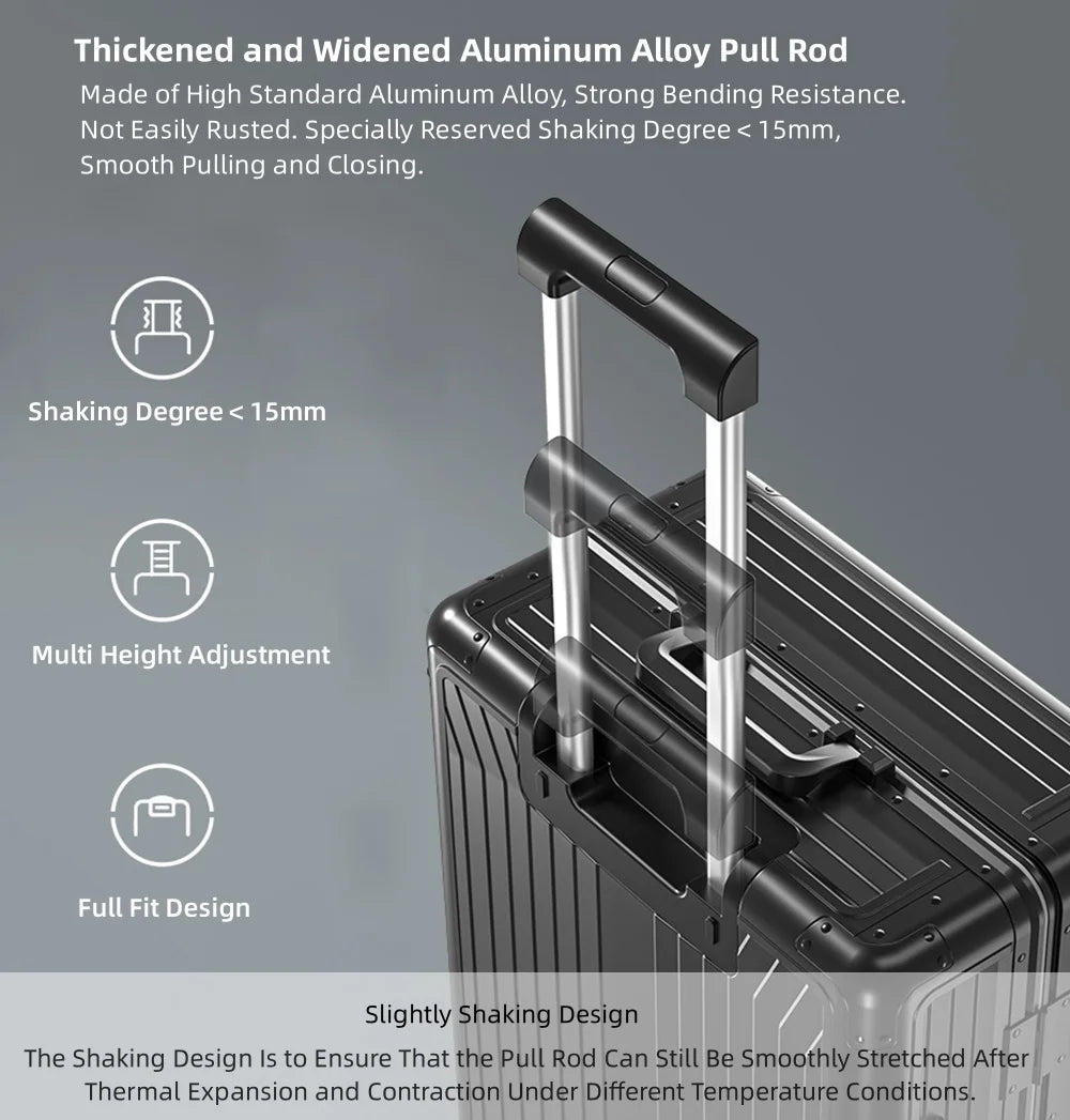 All Aluminum Magnesium Hardshell Carry on Luggage with Wheels. Modern Zipperless Hardshell Checked Luggage with TSA Lock. Airline Approved Metal Suitcase Travel Metal Rolling Luggage