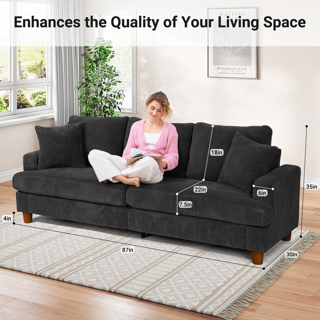 87 Corduroy Sofa.3 Seater Sofa with Extra Deep Seats.Neche Comfy Upholstered Couch for Living Room.2 Pillows.Green
