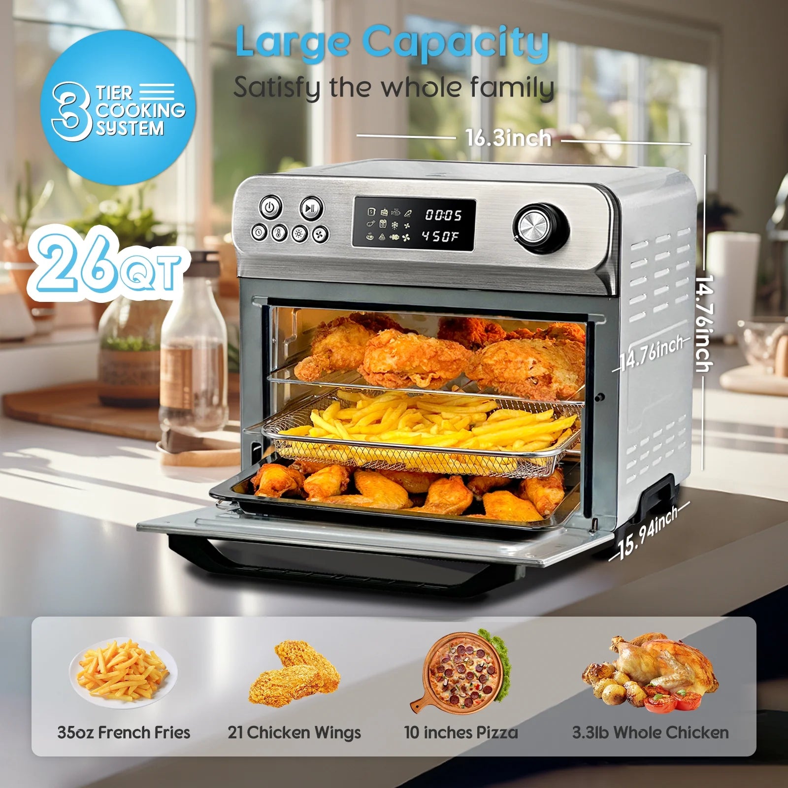 HYSapientia 26QT Air Fryer Oven With Rotisserie 1800W Toaster Oven Air Fryer Combo. 10 in 1 Convection Oven Countertop. Airfryer Toaster Oven. Mini Toaster Oven.Stainless Steel Outer