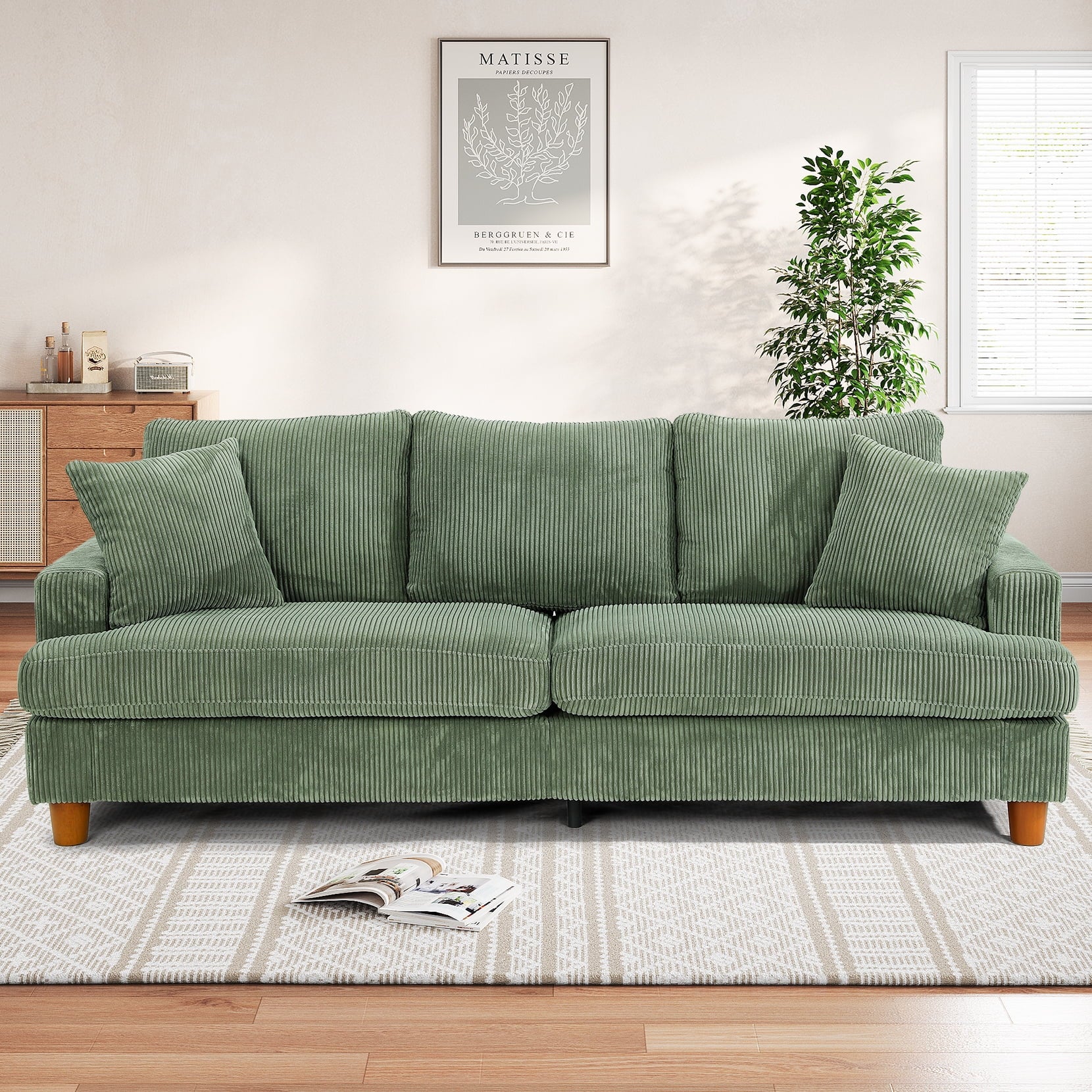 87 Corduroy Sofa.3 Seater Sofa with Extra Deep Seats.Neche Comfy Upholstered Couch for Living Room.2 Pillows.Green
