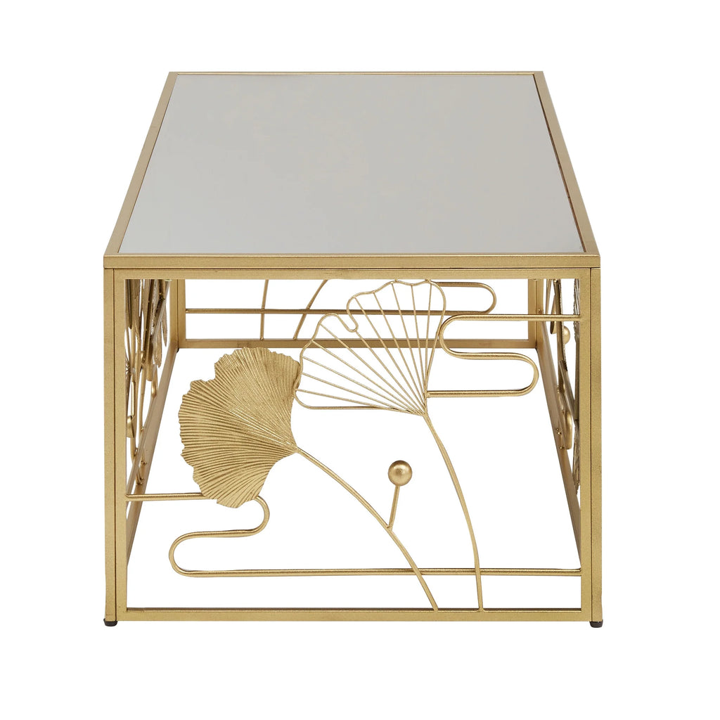 Weston Home Ditmas Glam Peony and Ginkgo Rectangular Coffee Table with Mirror Top. Gold