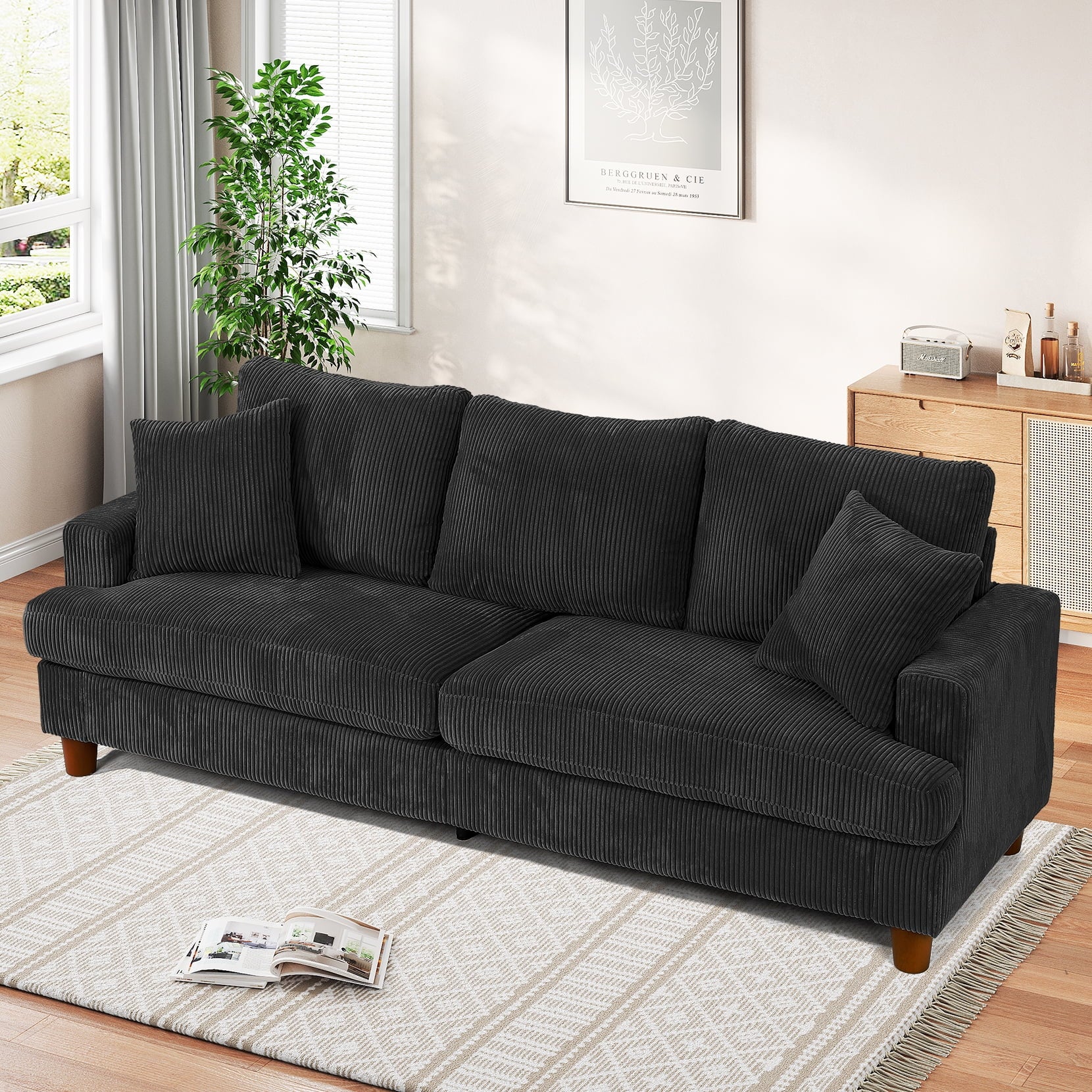 87 Corduroy Sofa.3 Seater Sofa with Extra Deep Seats.Neche Comfy Upholstered Couch for Living Room.2 Pillows.Green