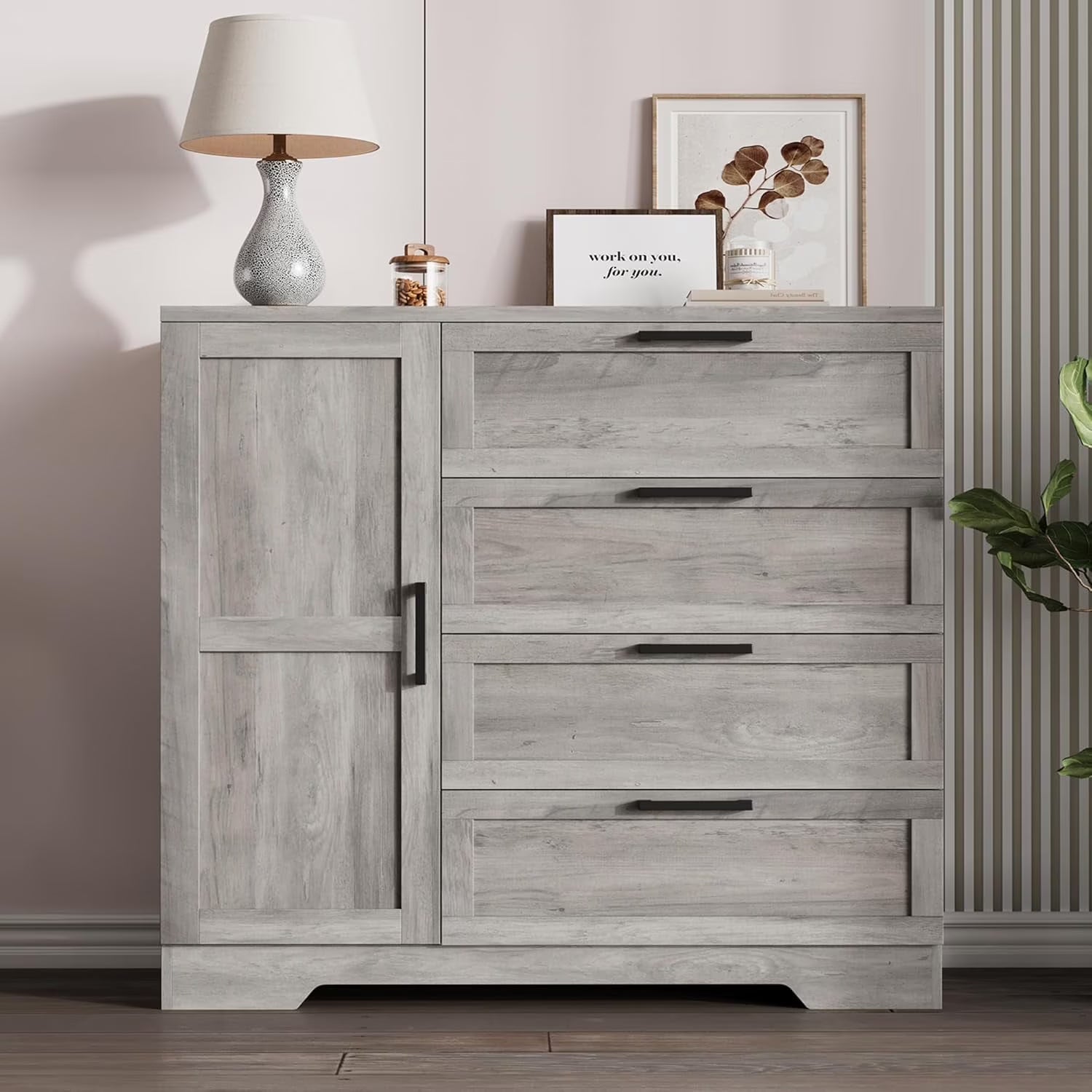 43.3 H Armoire Wardrobe Closet with 4 Drawers & Hanging Rod. Multifunctional Wood Storage Cabinet for Bedroom. Natural Oak