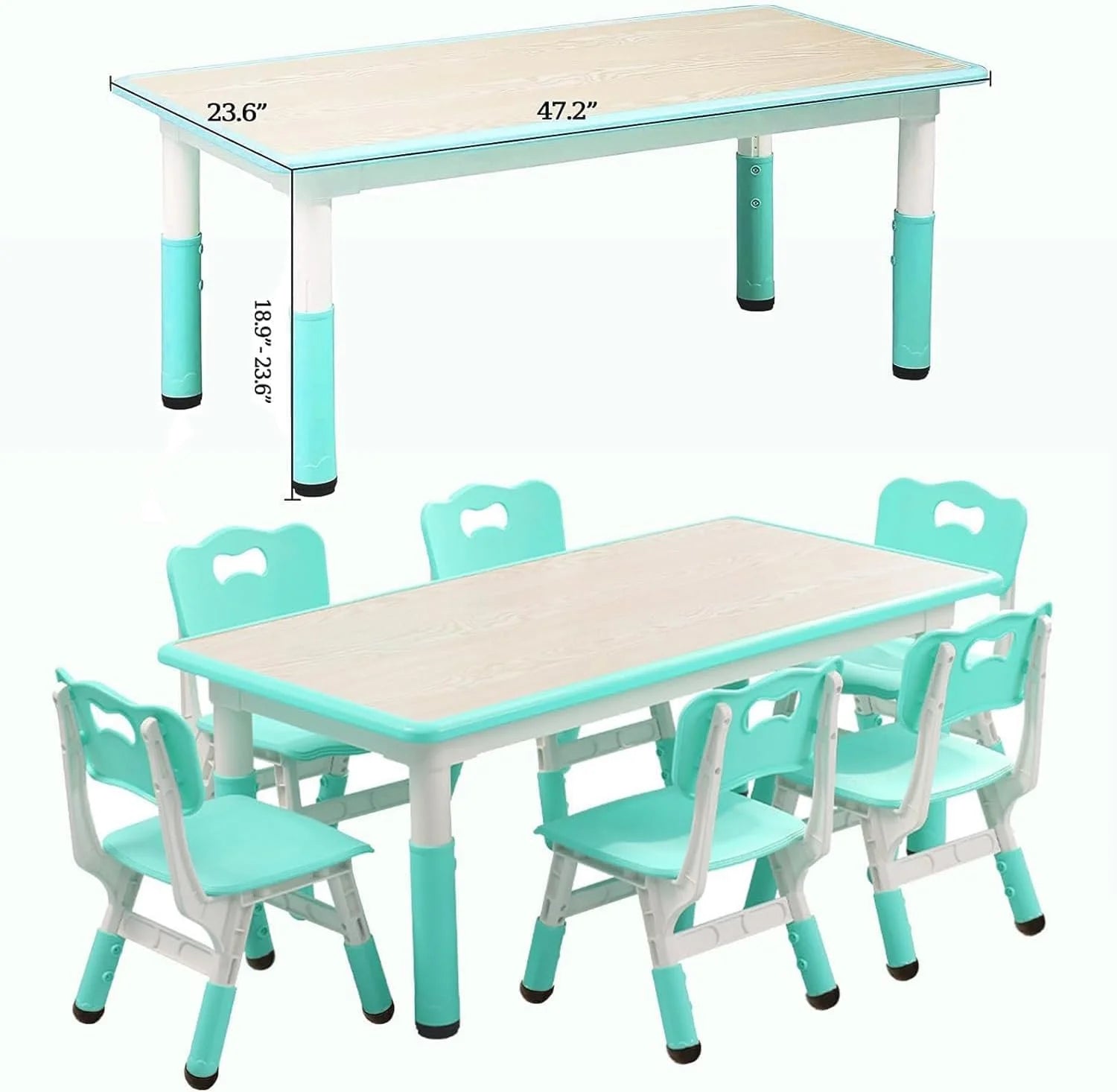 TROPOW Kids Table and Chairs.Height Adjustable Toddler Table and 6 Chair.Multi-Activity Table with Graffiti Desktop Non-Slip Legs for Ages 2-10.Children Activity Table for Daycare.Classroom.Blue