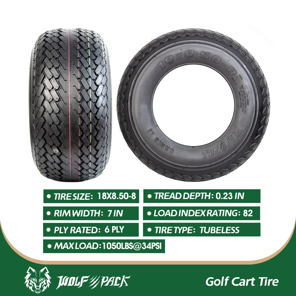 Set 4 WOLF PACK 18X8.5-8 6PR Golf Cart Tires Non-Directional Tubeless Tire Multi-Terrain Tire with Superior Traction and Mud-Resistant Self-Cleaning Tread Design for Long-Lasting Performance