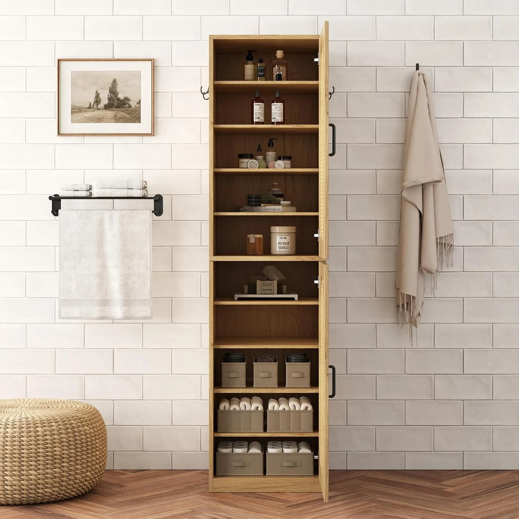 66-Inch Bathroom Storage Cabinet with Rattan Doors.  Bath Room Organizer Floor Cabinets Brown