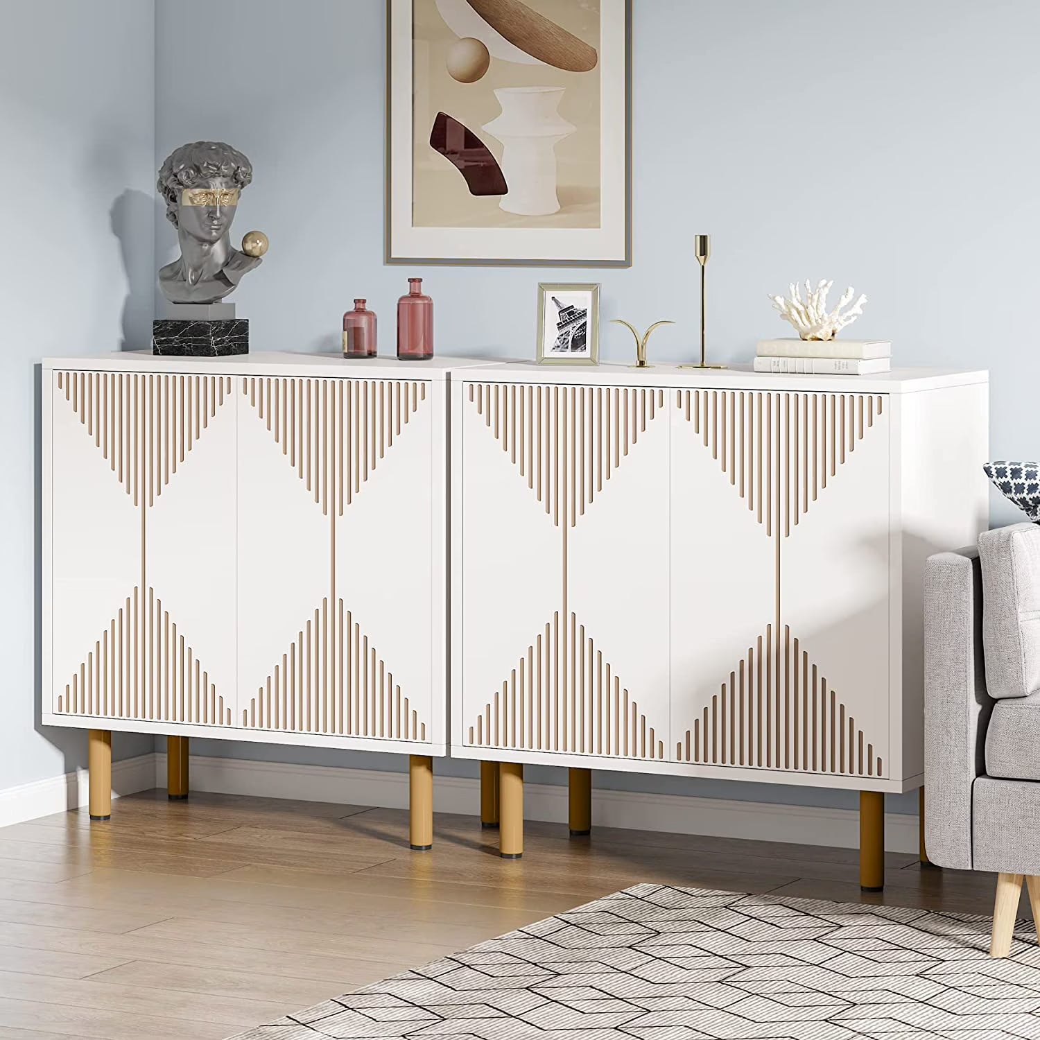 Tribesigns 59 Modern White Storage Cabinet Set. Freestanding Floor Cabinet. Wood Buffet Cabinet with Doors. Large Storage Cabinet for Living Room. Dining Room. Garage