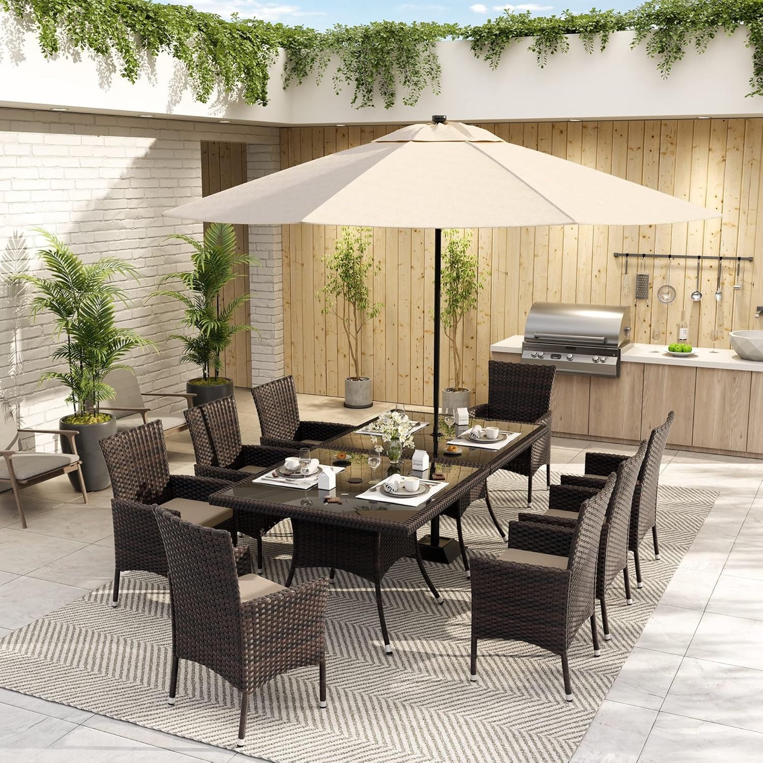 ALAULM 5 Pieces Patio Dining Set Outdoor Rattan Furniture with Square Glass Tabletop 4 Chairs with Cushions for Patio. Backyard Outdoor Kitchen Lawn & Garden Blue
