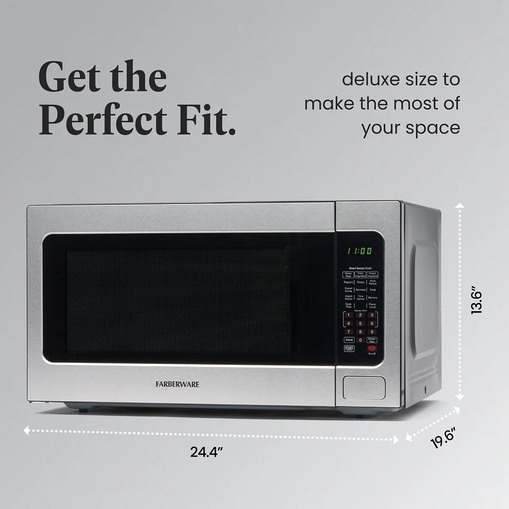 Farberware Countertop Microwave Ov 1100 Watts. 2.2 cu ft - Smart Sensor With LED Lighting and Child Lock - Perfect for Apartments and Dorms - Easy Clean Black Interior. Stainless Steel