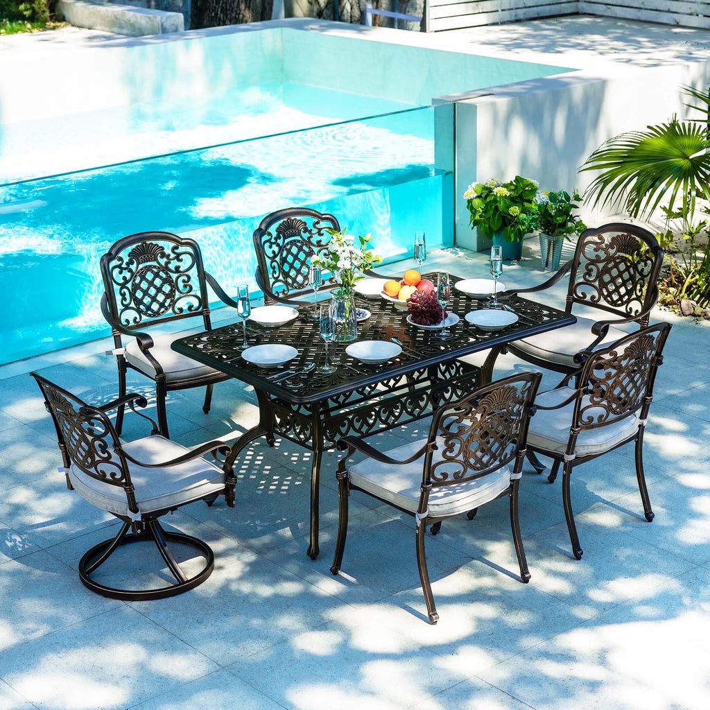 7-Piece Patio Furniture Dining Set. All-Weather Cast Aluminum Outdoor Table and Chairs for 6. Includes 4 Dining Chair & 2 Swivel Chairs & 60���� Rectangular Table. Beige