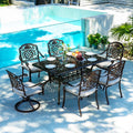 7-Piece Patio Furniture Dining Set. All-Weather Cast Aluminum Outdoor Table and Chairs for 6. Includes 4 Dining Chair & 2 Swivel Chairs & 60���� Rectangular Table. Beige