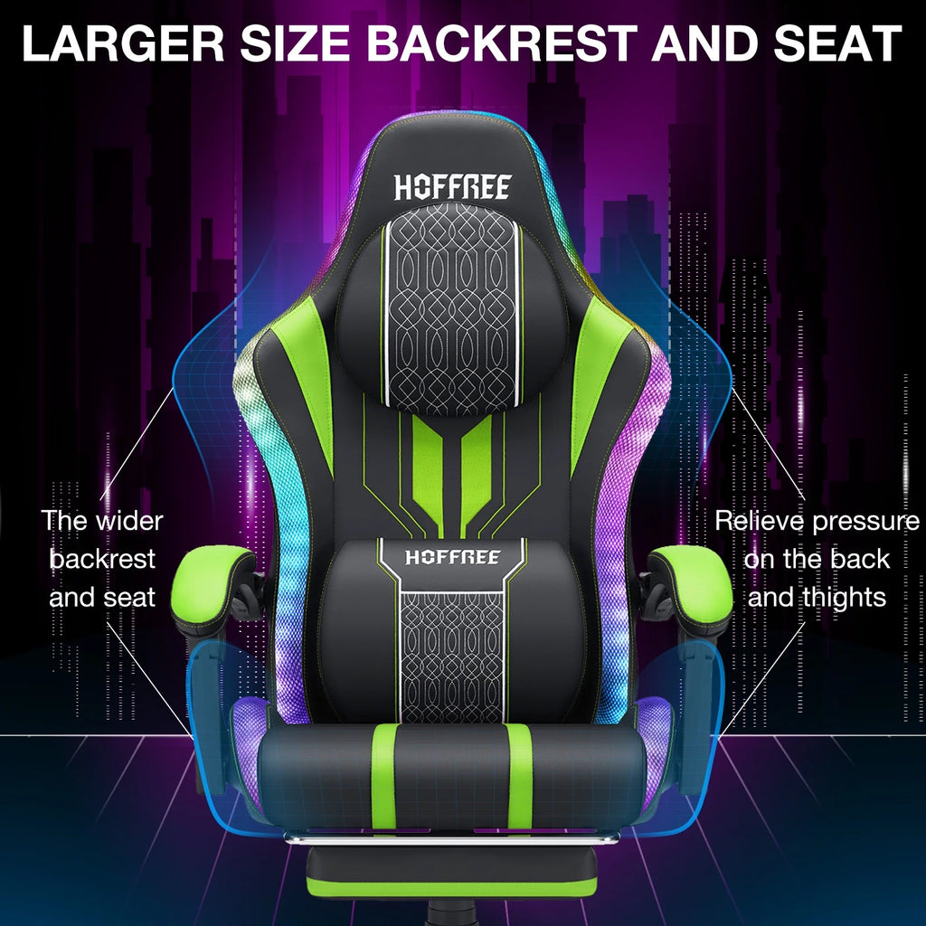 HOFFREE Big and Tall Gaming Chair with Speakers and RGB Lights. Gamer Chair with Footrest. Lumbar Support Height Adjustable 360-Swivel Seat and Headrest for Adults. 400lbs