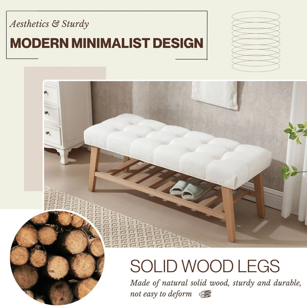Dayalane Upholstered Storage Bench with Shoe Rack.Linen Fabric Entryway Bench for Living Room. Bedroom and Hallway. Multi Functional Ottoman with Solid Wood Shelf. Beige