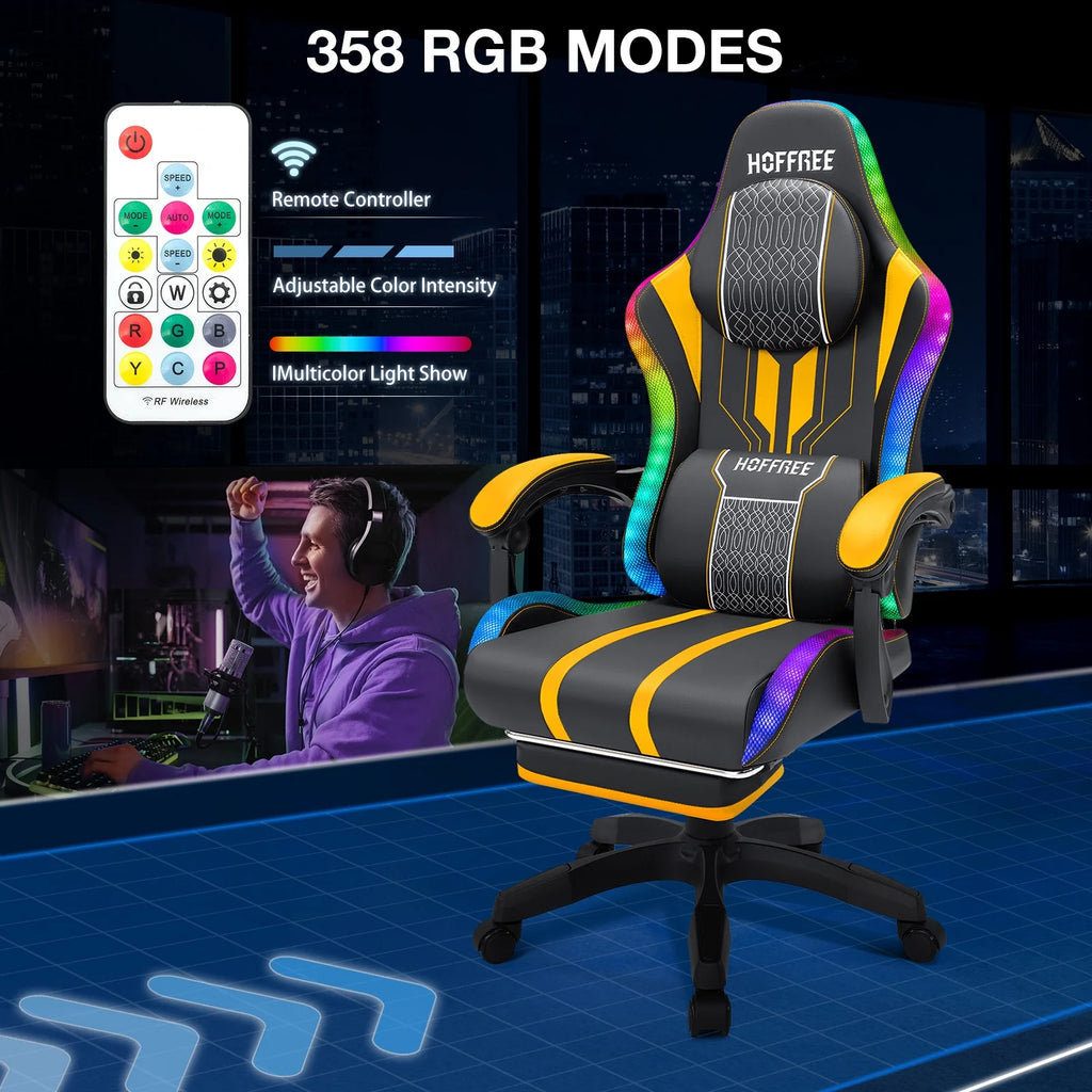 HOFFREE Big and Tall Gaming Chair with Speakers and RGB Lights. Gamer Chair with Footrest. Lumbar Support Height Adjustable 360-Swivel Seat and Headrest for Adults. 400lbs
