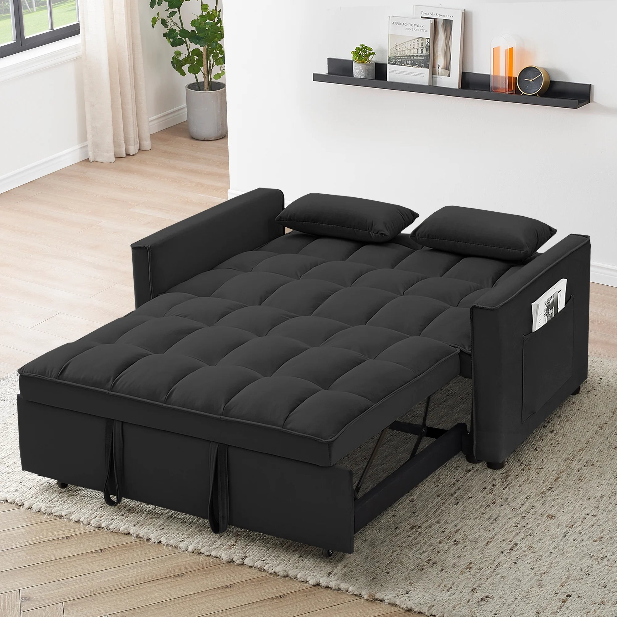 55 Inch Convertible Futon Sofa Bed.Modern Loveseat Sleeper Sofa Couch with Pull-Out Sofa Bed for Living Room.Small Space - Black