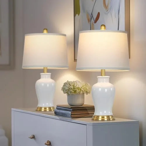 Modern Ceramic Table Lamps Set of 2. 23 White Ceramic Lamps for Living Room. Rustic Farmhouse Bedside Lamp with Ginger Jar Design. Elegant Bedroom Lamp for Nightstand Desk Side End Table Home Decor
