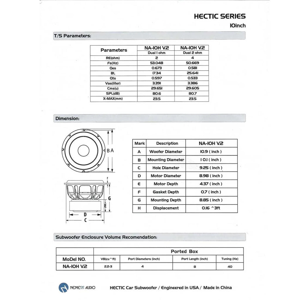 Nemesis Audio NA-10Hv.2 D2 10 4000W Max Dual 2-Ohm Voice Coil Car Subwoofer