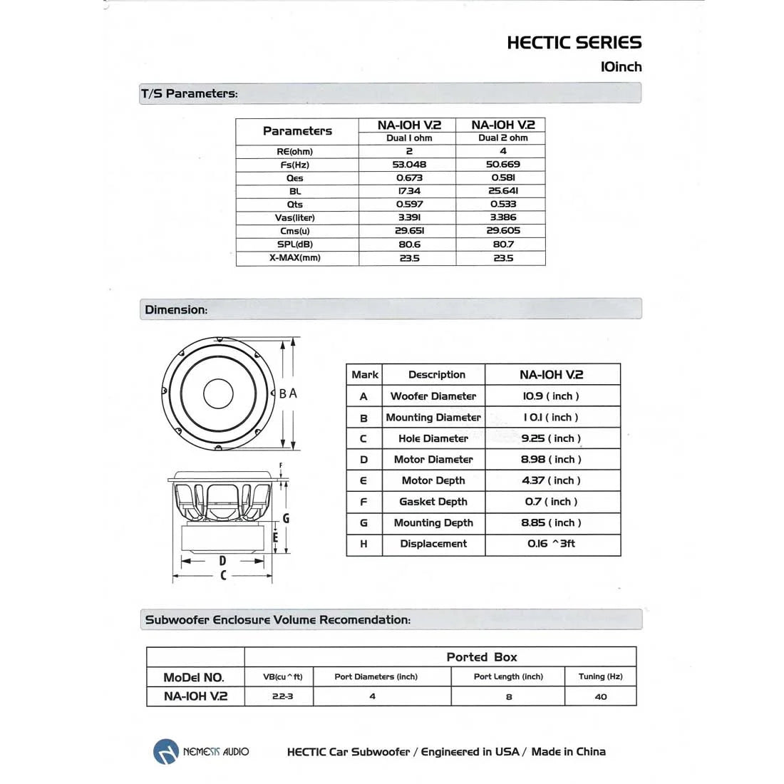 Nemesis Audio NA-10Hv.2 D2 10 4000W Max Dual 2-Ohm Voice Coil Car Subwoofer
