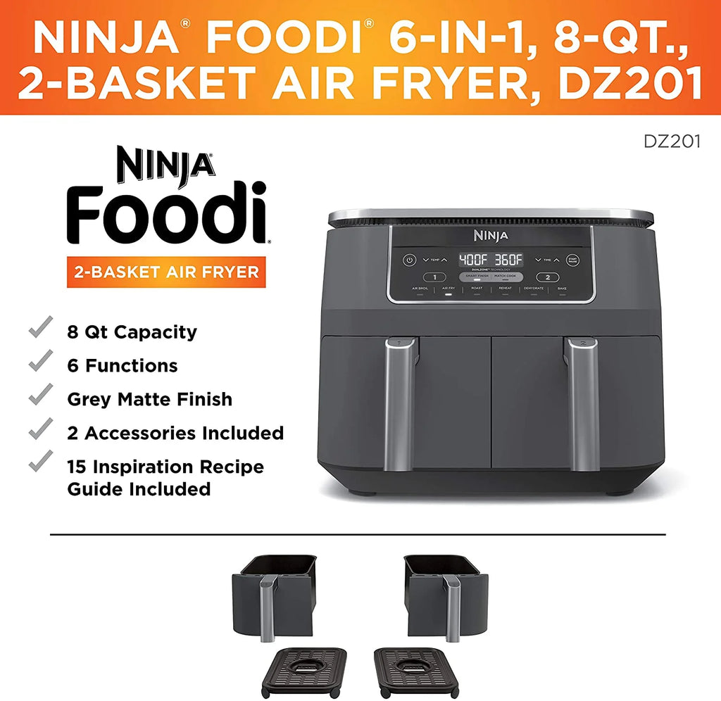 Restored Ninja DZ201 Foodi 6-in-1 2-Basket Air Fryer with DualZone Technology. 8-Quart Capacity. and a Dark Grey Stainless Finish (Refurbished)