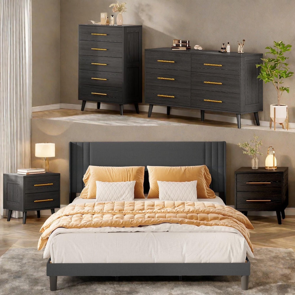 Bedroom Furniture Set - Includes Queen Bed Frame. Nightstands Set of 2. 5-Drawer Dresser & Double Wide 6-Drawer Dresser - Modern Storage Solution for Stylish Home Decor. Black