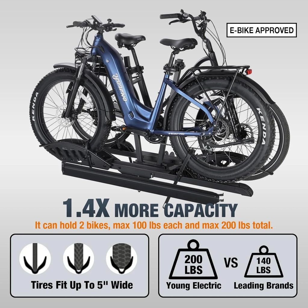 Young Electric Ebike Rack. 200lb Capacity. Alloy Steel Hitch Mount. Fits 5-Inch Fat Tire Bikes. 2-Inch Receiver