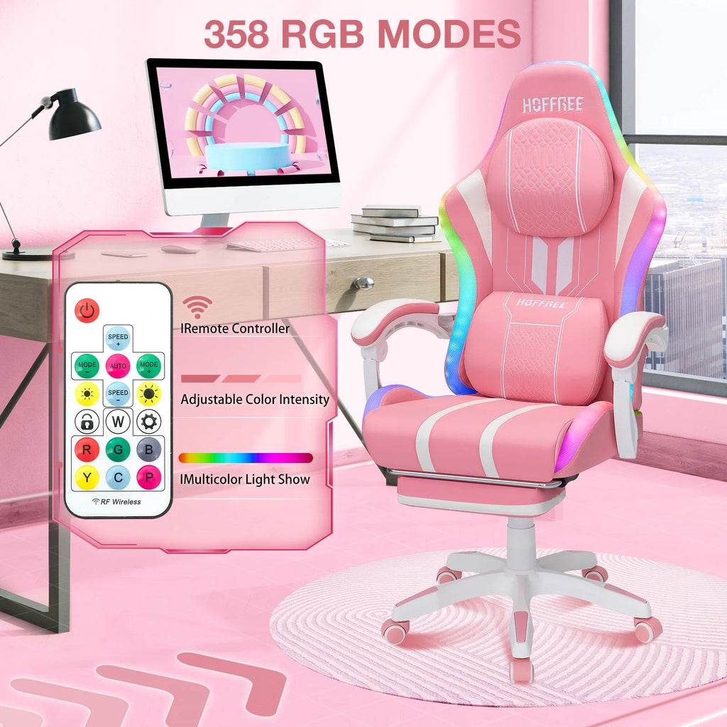 HOFFREE Big and Tall Gaming Chair with Speakers and RGB Lights. Gamer Chair with Footrest. Lumbar Support Height Adjustable 360-Swivel Seat and Headrest for Adults. 400lbs