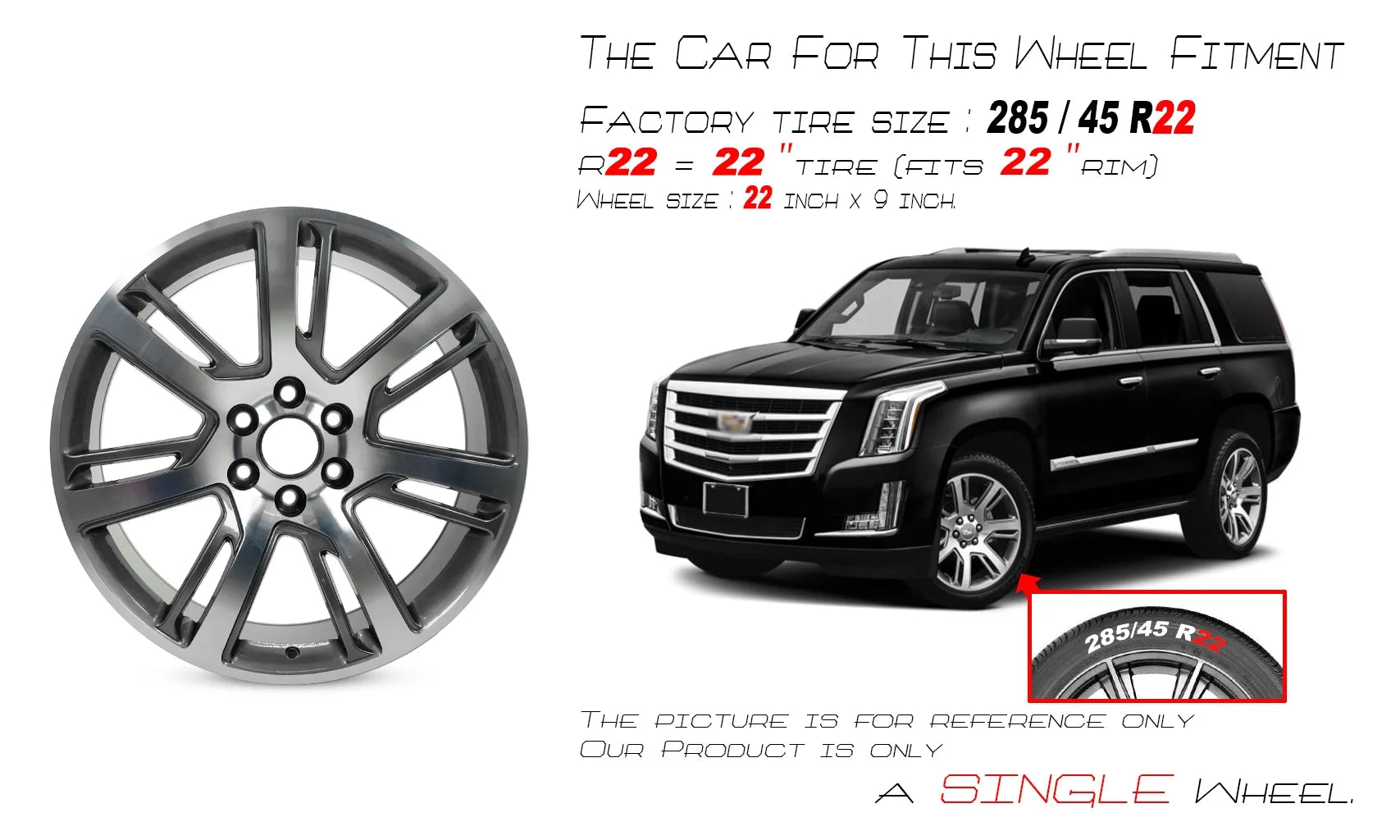 For Cadillac Escalade ESV OEM Design Wheel 22 2015-2017 Machined Grey Single Replacement Rim